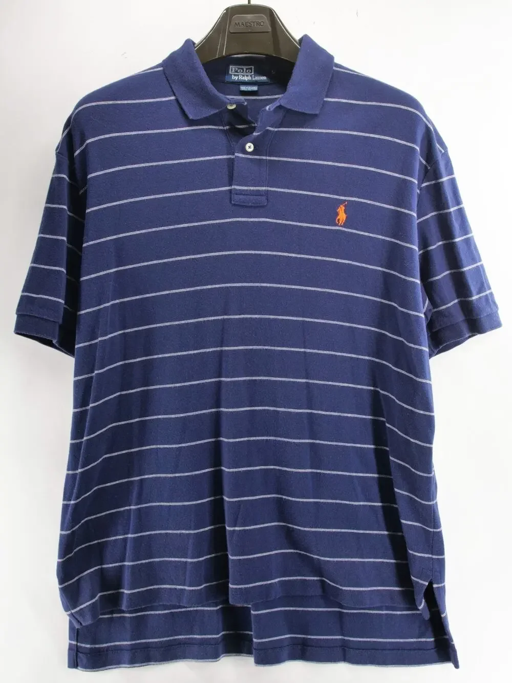 VTG Polo Ralph Lauren Men's L Blue Striped Polo Shirt Classic Fit Short Sleeve